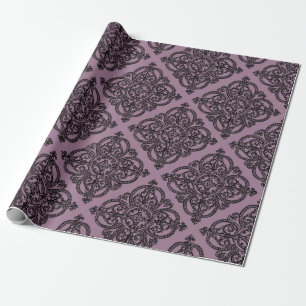 Lila och svart vintage damaskmönster presentpapper