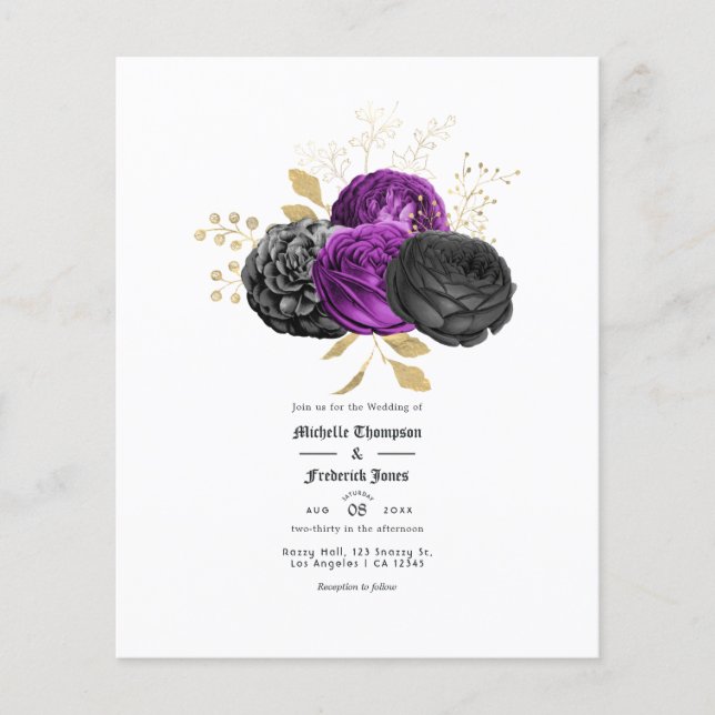Lila och svart vintage gotisk blommande bröllop flygblad (Framsidan)