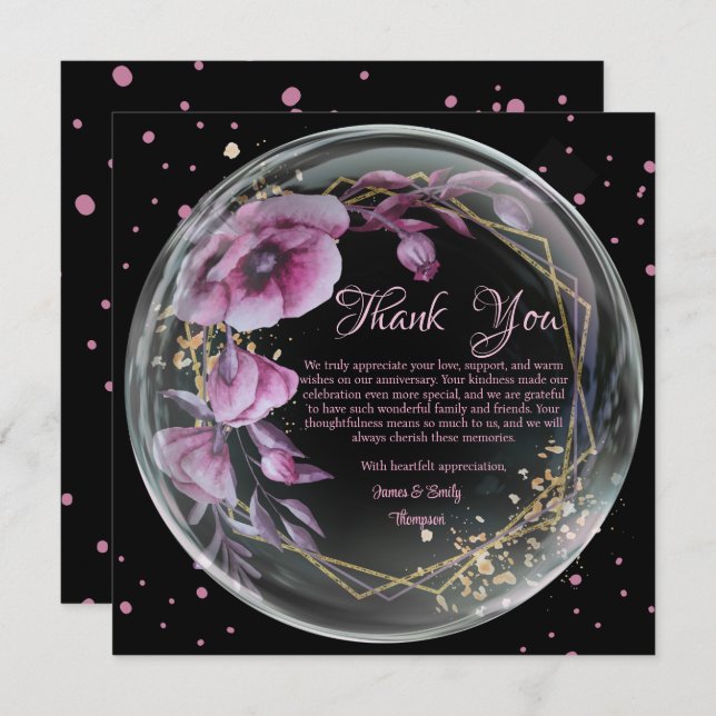Lila och Svarta Blommigten Ram Bröllop Tack Kort (Fram/baksida)