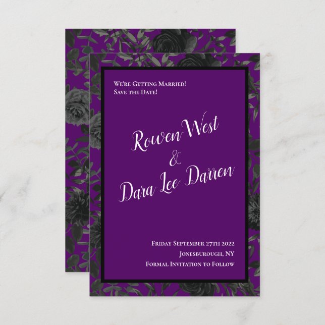 Lila och Svarta Ro-Bröllop spara datum Inbjudningar (Fram/baksida)