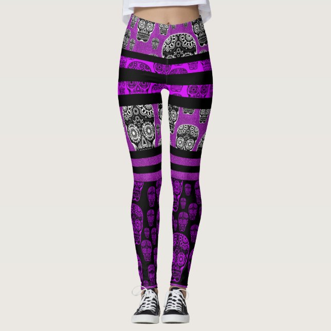 Lila och svarta sockerkalleleggings leggings (Framsida)