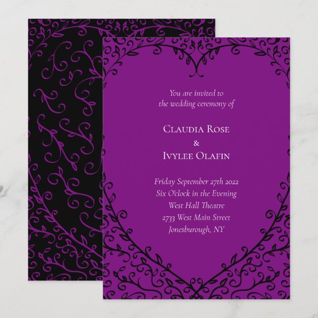 Lila- och svarthjärtssopbröllop inbjudningar (Fram/baksida)