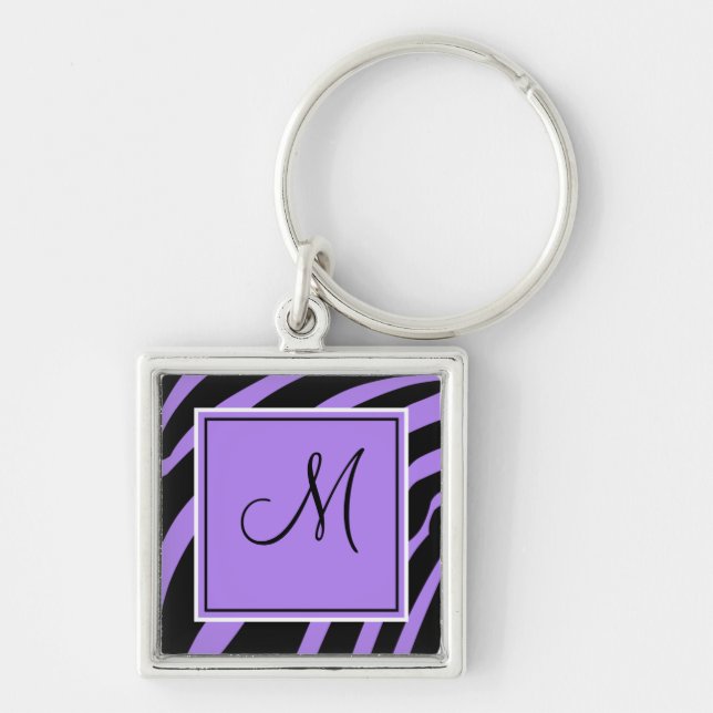Lila- och svartMonogramzebra tryck Keychain Fyrkantig Silverfärgad Nyckelring (Framsidan)