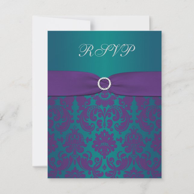 Lila och teal-damask-svarskort för bröllop OSA kort (Framsida)