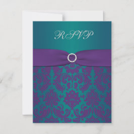 Lila och teal-damask-svarskort för bröllop OSA kort