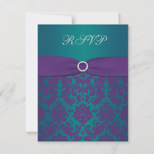 Lila och teal-damask-svarskort för bröllop OSA kort