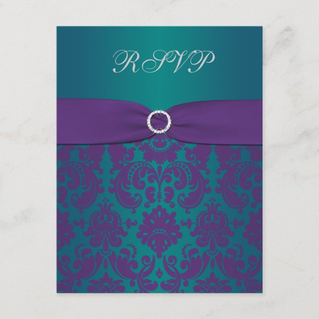 Lila och Teal Damask Wedding OSA kort (Framsida)