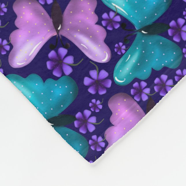 Lila och teal fjärilmönster | Blomster Sömlös Fleecefilt (Hörn)