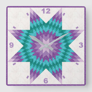 Lila och Teal Lone Star Quilt Design Fyrkantig Klocka