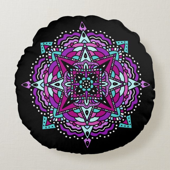 Lila och Teal Mandala Rund Kudde (Framsidan)