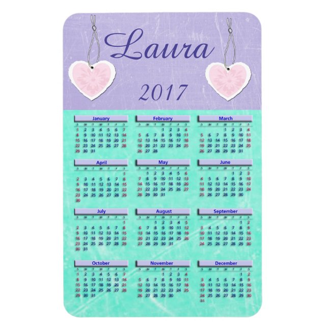 lila och Teal Mini Calendar Namn Magnet 2017 (Vertikal)