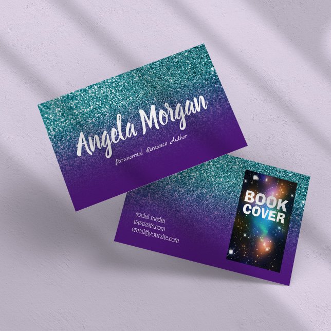 Lila och Teal Ombre Glitter Photo Author Visitkort (Purple and Teal Ombre Glitter Photo Author Business Card)