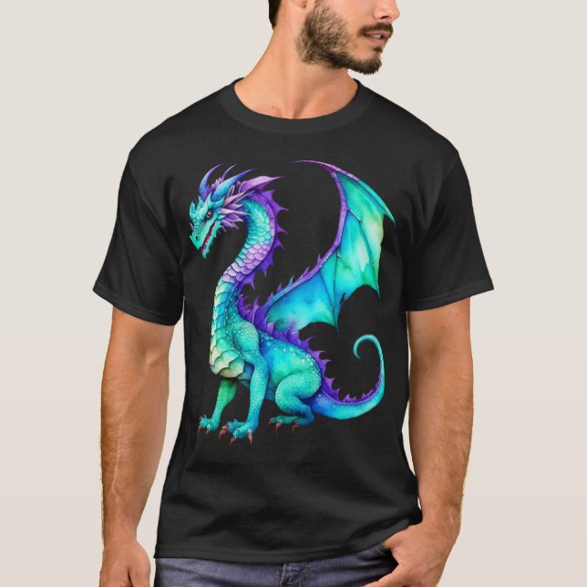 Lila och Teal Watercolor Dragon T Shirt (Framsida)