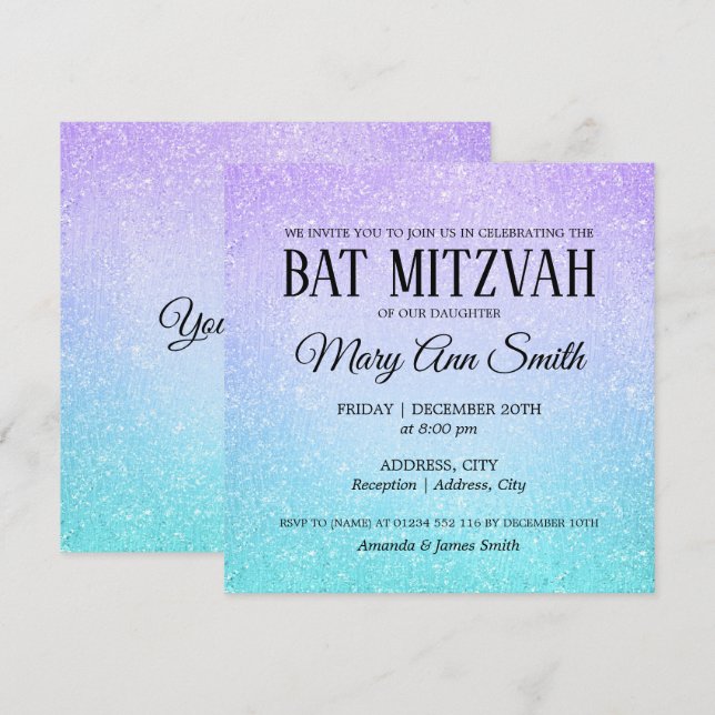 Lila och turkos Bat mitzvah Faux Glitter-färg Inbjudningar (Fram/baksida)