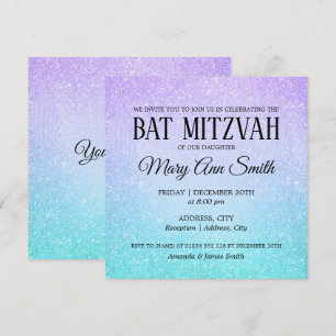 Lila och turkos Bat mitzvah Faux Glitter-färg Inbjudningar