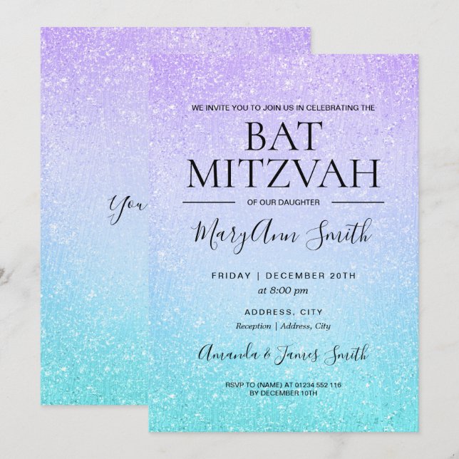Lila och turkos Bat mitzvah Faux Glitter-färg Inbjudningar (Fram/baksida)
