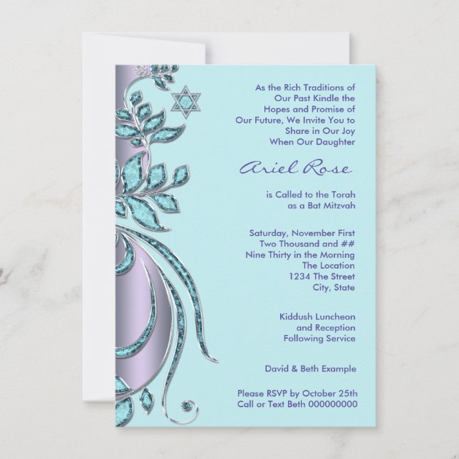 Lila och turkos Bat Mitzvah-inbjudan Inbjudningar (Framsida)