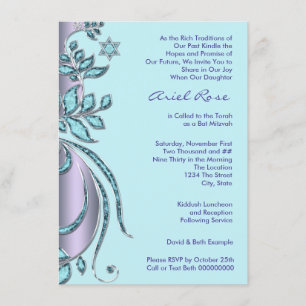 Lila och turkos Bat Mitzvah-inbjudan Inbjudningar