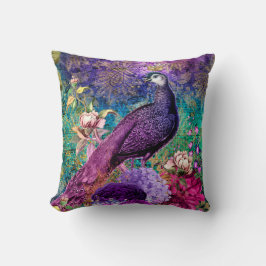 Lila och turkos blomsterkastkudde med påfågelmotiv kudde