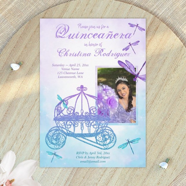 Lila och turkos Carriage Quinceañera Inbjudningar (light purple and turquoise quinceanera invitations)