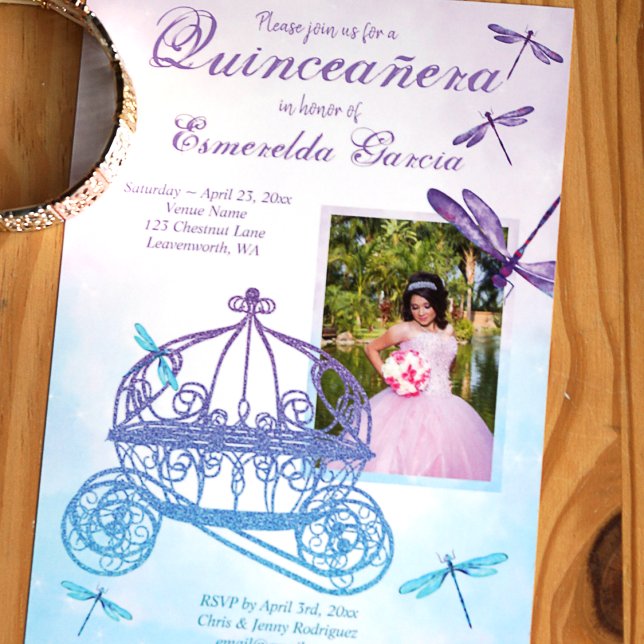 Lila och turkos Carriage Quinceañera Inbjudningar (Purple and turquoise glitter horse carriage quinceanera mis quince invitation with photo)