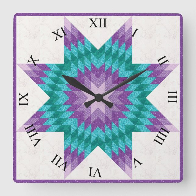 Lila och turkos Lone Star-quilt design Fyrkantig Klocka (Framsida)