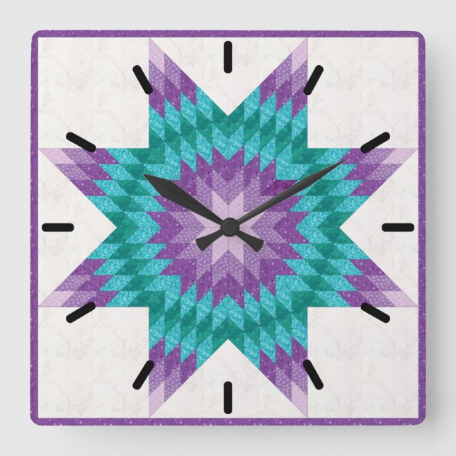 Lila och turkos Lone Star-quilt design Fyrkantig Klocka (Framsida)