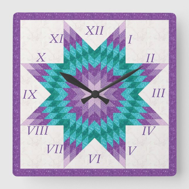 Lila och turkos Lone Star-quilt-design Fyrkantig Klocka (Framsida)