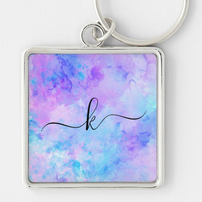 Lila och turkos Watercolor Stänk Fyrkantig Silverfärgad Nyckelring (Framsidan)
