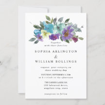 Lila och turkosa blommiga bröllopsinbjudningar