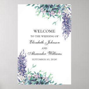 Lila och turkosa blommor. Välkomstskylt för bröllo Poster
