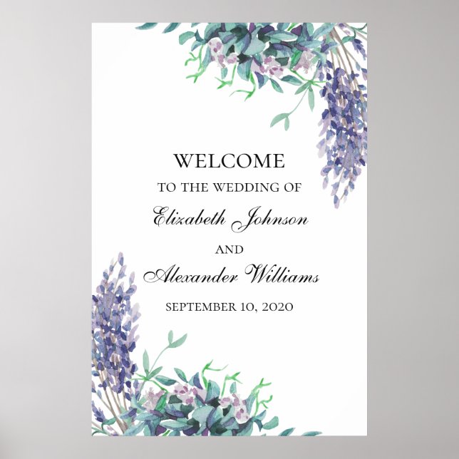 Lila och turkosa blommor. Välkomstskylt för bröllo Poster (Framsidan)