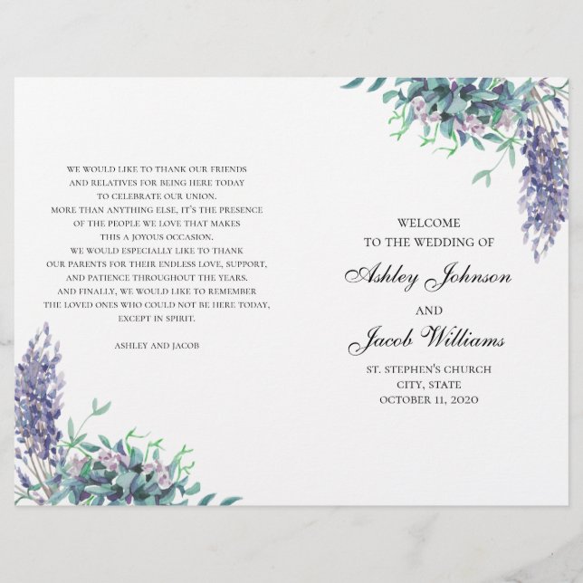 Lila och turkosa blommor. Vigselprogram vikt (Framsida)