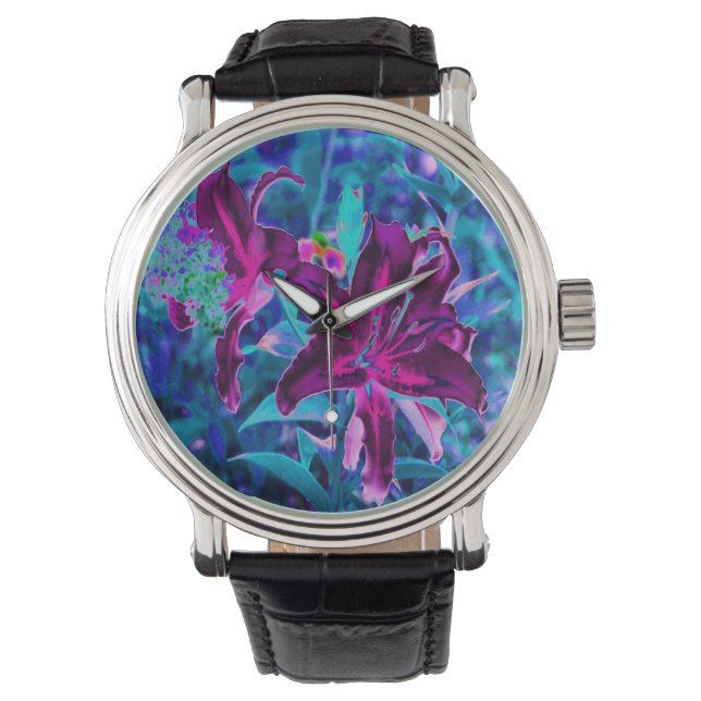 Lila och varmt rosa abstrakta orientaliska lilje-b armbandsur (Framsida)