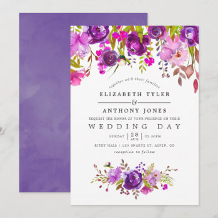 Lila och Violet Watercolor Blommigt Bröllop Inbjudningar