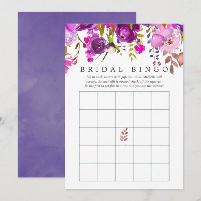 Lila och Violet Watercolor Möhippa Bingo Inbjudningar (Fram/baksida)