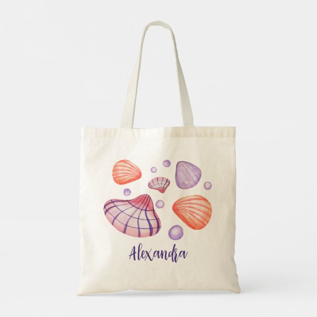 Lila och Violet Watercolor Seashells med Namn Tygkasse (Baksida)