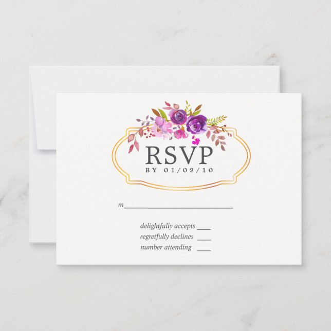Lila och Violett Akvarell Blommig Bröllops RSVP OSA Kort (Framsida)