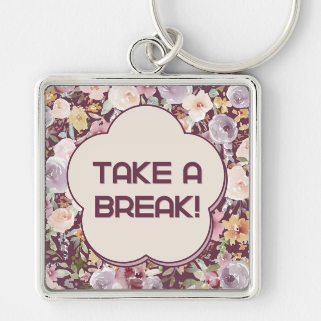 Lila och vit asetisk blomma fyrkantig silverfärgad nyckelring (Framsidan)