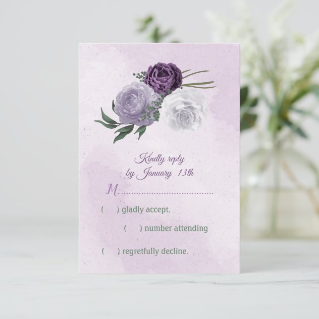 lila och vit blommigt, grönt bröllop OSA kort (Stående Fram)