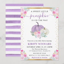 Lila och vit Blommigt Pumpkins Fall Baby Shower Inbjudningar