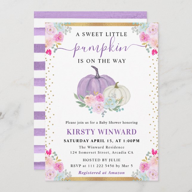 Lila och vit Blommigt Pumpkins Fall Baby Shower Inbjudningar (Fram/baksida)
