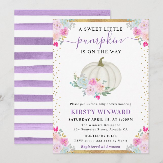 Lila och vit Blommigt Pumpkins Fall Baby Shower Inbjudningar (Fram/baksida)