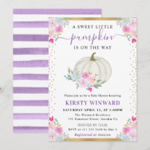 Lila och vit Blommigt Pumpkins Fall Baby Shower