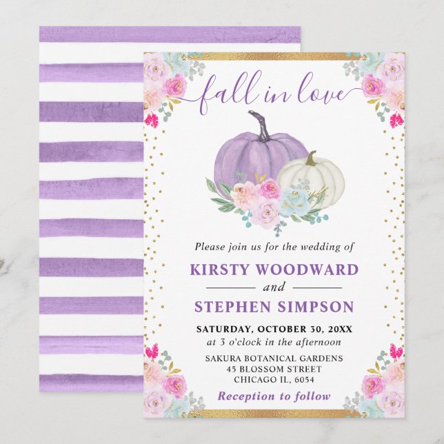 Lila och vit Blommigt Pumpkins Fall Wedding Inbjudningar (Fram/baksida)