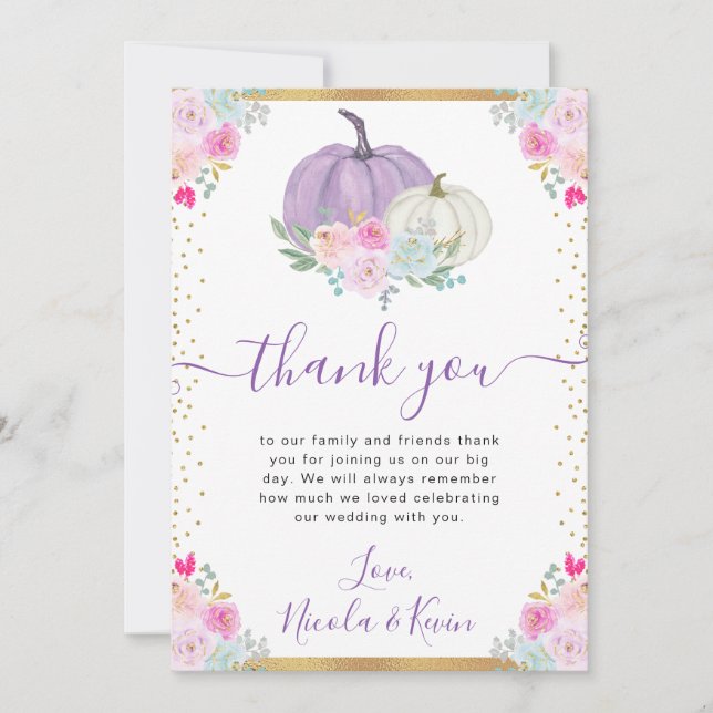 Lila och vit Blommigt Pumpkins Fall Wedding Tack Kort (Framsida)