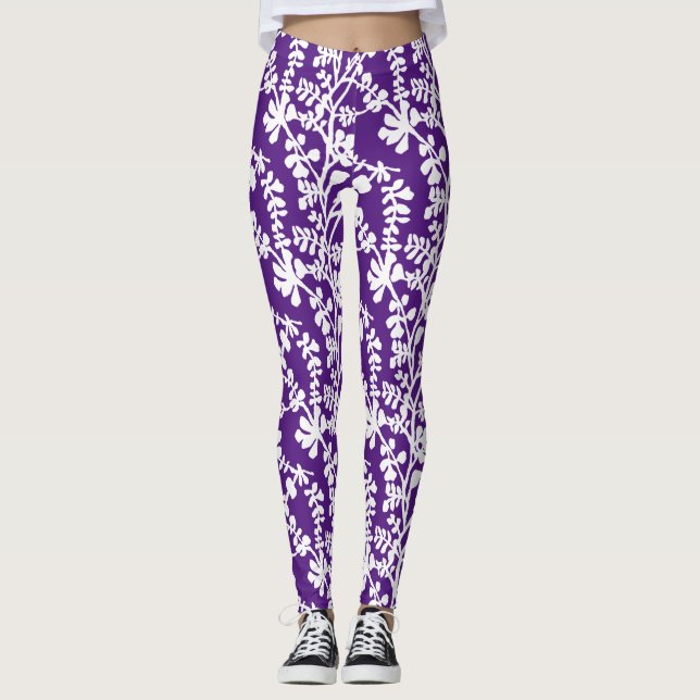 Lila och vit Blommigt som repeterar Mönster Leggings (Framsida)