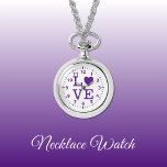 Lila och vit Kärlek Necklace Watch Armbandsur<br><div class="desc">Necklace Watch-gåva. Med ord "kärlek" och en hjärtform som ersätter brev O. Lila och vit</div>