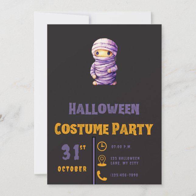 Lila och vit Mummie Modern Svart Halloween Inbjudningar (Framsida)