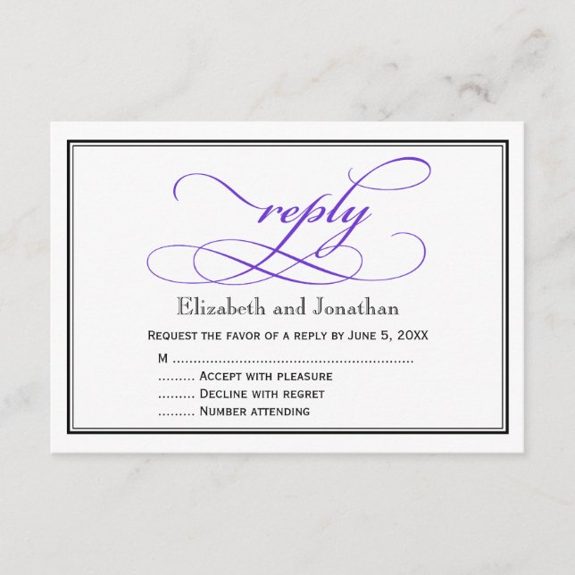 Lila och vit skript bröllopsvarukort OSA kort (Framsida)